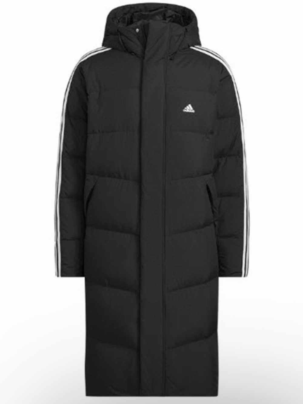 adidas Black Long Hooded Quilted Puffer Coat with Three Stripes